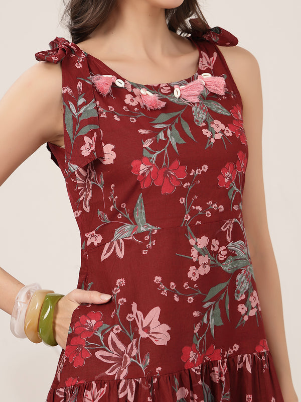 Kimayra Cotton Calf Length Printed Sleeveless Round Neck Flared Dress