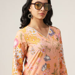 Kimayra Cotton Hip Length Printed Full Sleeve V-Neck Straight Top