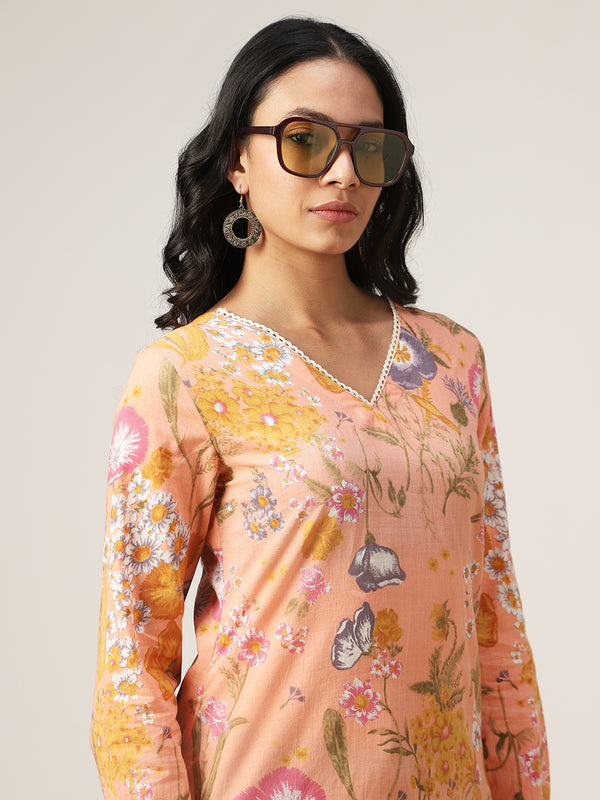 Kimayra Cotton Hip Length Printed Full Sleeve V-Neck Straight Top