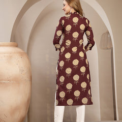 Kimayra Cotton Calf Length Printed 3/4 Sleeve V-Neck Straight Kurta