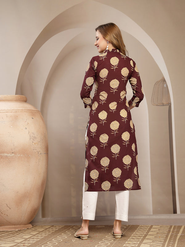 Kimayra Cotton Calf Length Printed 3/4 Sleeve V-Neck Straight Kurta
