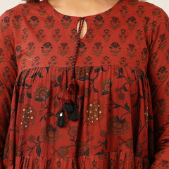 Kimayra Cotton Ankle Length Printed Full Sleeve Key Hole Neck Flared Kurta Suit Set
