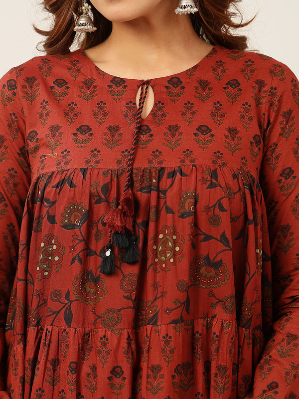 Kimayra Cotton Ankle Length Printed Full Sleeve Key Hole Neck Flared Kurta Suit Set