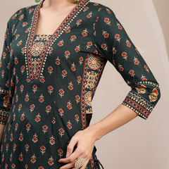Kimayra Cotton Calf Length Printed 3/4 Sleeve V-Neck A-Line Kurta Suit Set