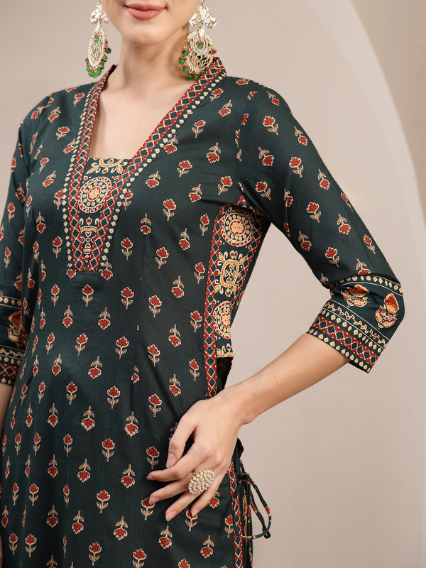 Kimayra Cotton Calf Length Printed 3/4 Sleeve V-Neck A-Line Kurta Suit Set
