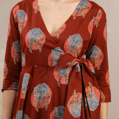 Kimayra Cotton Calf Length Printed 3/4 Sleeve V-Neck Flared Kurta