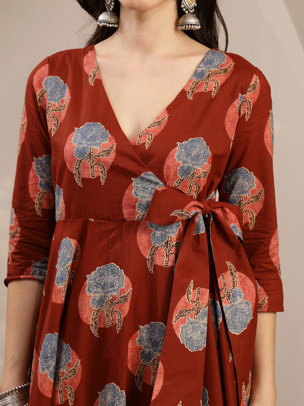 Kimayra Cotton Calf Length Printed 3/4 Sleeve V-Neck Flared Kurta