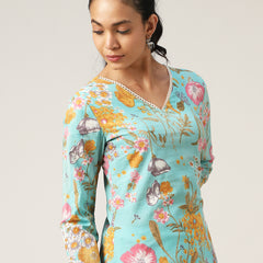 Kimayra Cotton Hip Length Printed Full Sleeve V-Neck Straight Top