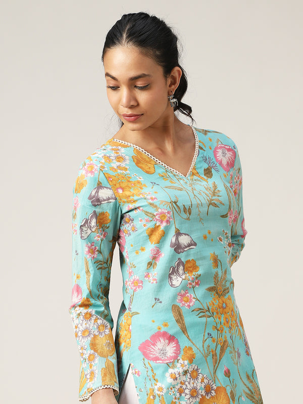 Kimayra Cotton Hip Length Printed Full Sleeve V-Neck Straight Top