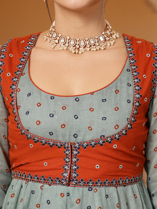 Kimayra Cotton Calf Length Printed Full Sleeves Round Neck Anarkali Kurta Suit Set