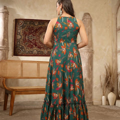Kimayra Cotton Calf Length Printed Sleeveless Key Hole Neck Flared Kurta