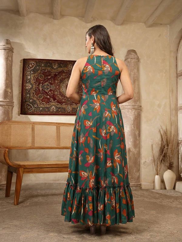 Kimayra Cotton Calf Length Printed Sleeveless Key Hole Neck Flared Kurta