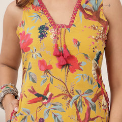 Kimayra Cotton Calf Length Printed Sleeveless V-Neck Straight Kurta