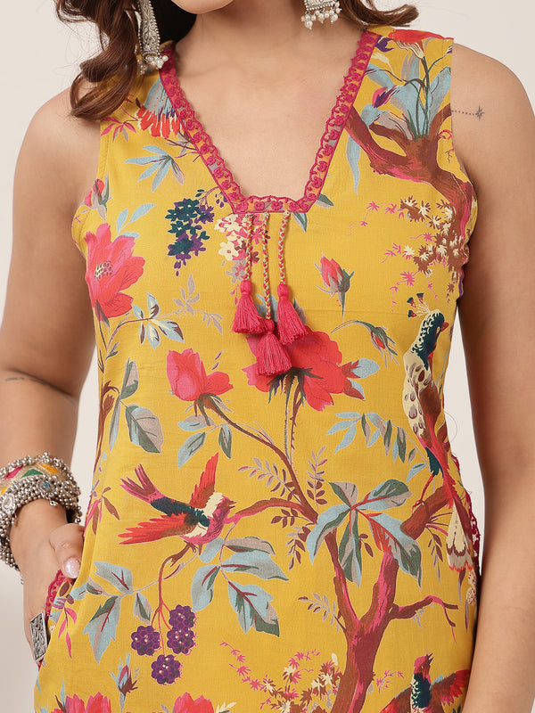 Kimayra Cotton Calf Length Printed Sleeveless V-Neck Straight Kurta