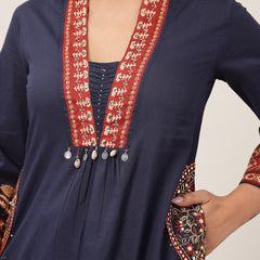 Kimayra Cotton Calf Length Solid 3/4 Sleeve V-Neck Flared Kurta Suit Set