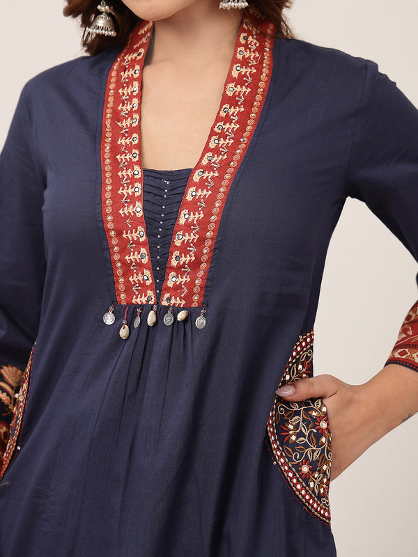 Kimayra Cotton Calf Length Solid 3/4 Sleeve V-Neck Flared Kurta Suit Set