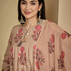 Kimayra Cotton Calf Length Printed 3/4 Sleeve Key Hole Neck Anarkali Kurta Suit Set