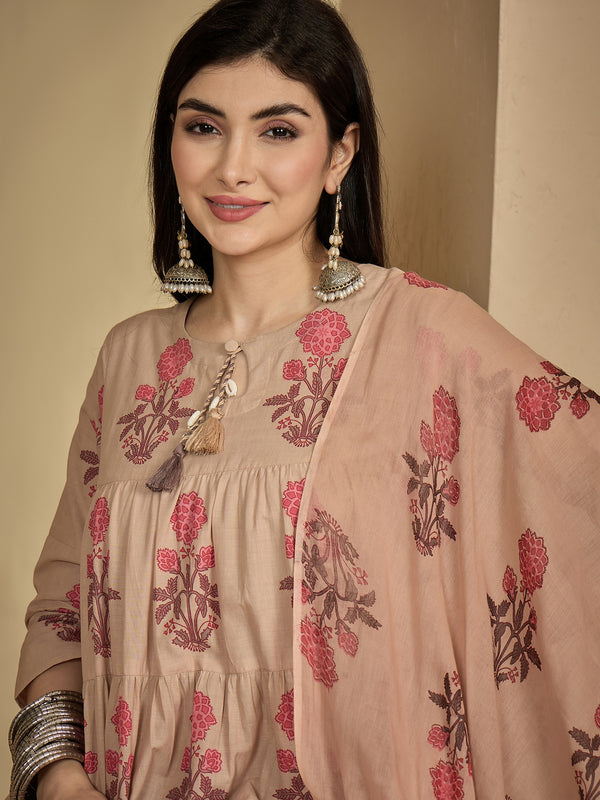 Kimayra Cotton Calf Length Printed 3/4 Sleeve Key Hole Neck Anarkali Kurta Suit Set