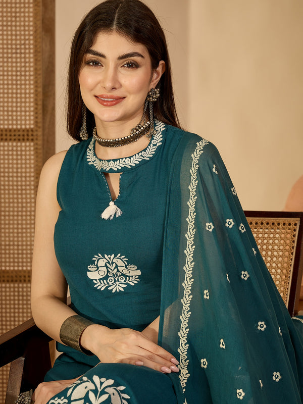 Kimayra Cotton Calf Length Printed Sleeveless Round Neck Straight Kurta Suit Set