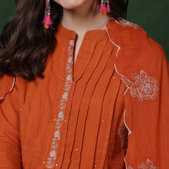 Kimayra Cotton Calf Length Solid 3/4 Sleeves Mandarin Straight Kurta Suit Set