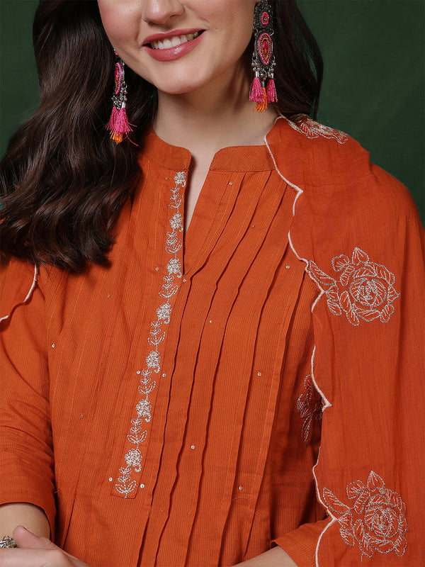 Kimayra Cotton Calf Length Solid 3/4 Sleeves Mandarin Straight Kurta Suit Set
