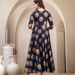 Kimayra Cotton Calf Length Printed 3/4 Sleeve V-Neck Flared Kurta