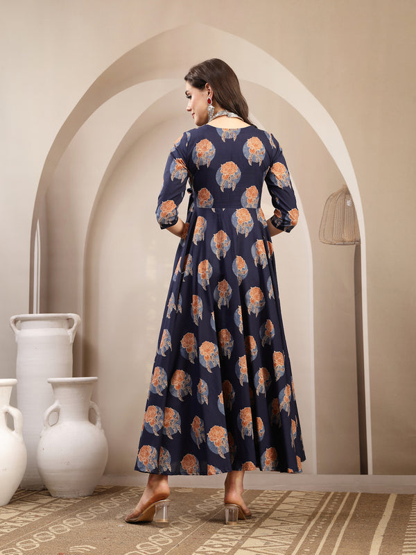 Kimayra Cotton Calf Length Printed 3/4 Sleeve V-Neck Flared Kurta