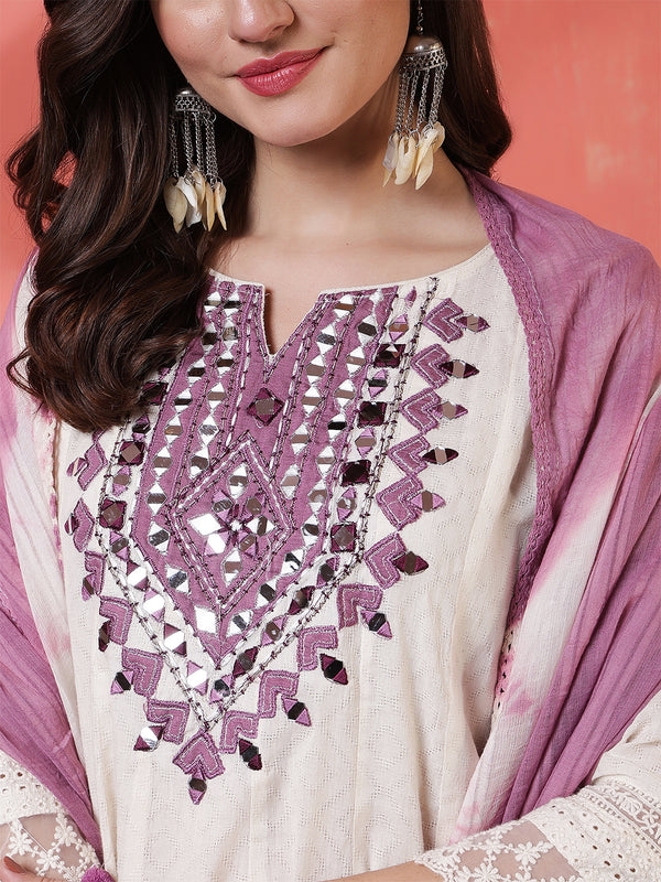 Kimayra Jacquard Knee Length Solid 3/4 Sleeves Round Neck Flared Kurta Suit Set