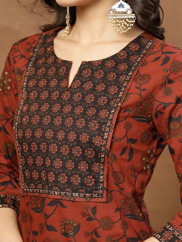 Kimayra Cotton Calf Length Printed 3/4 Sleeve Round Neck Straight Kurta Suit Set