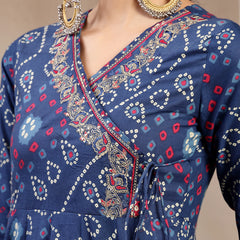 Kimayra Cotton Calf Length Printed 3/4 Sleeve Angrakha Flared Kurta Suit Set