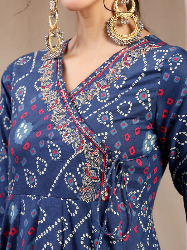 Kimayra Cotton Calf Length Printed 3/4 Sleeve Angrakha Flared Kurta Suit Set