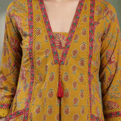 Kimayra Cotton Calf Length Printed 3/4 Sleeve V-Neck Flared Kurta Suit Set