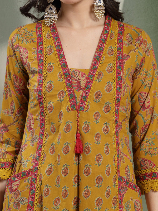 Kimayra Cotton Calf Length Printed 3/4 Sleeve V-Neck Flared Kurta Suit Set