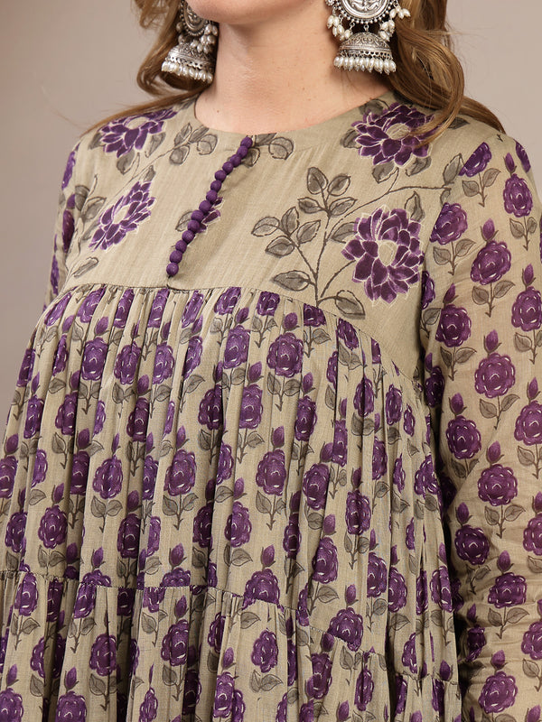 Kimayra Malmal Calf Length Printed Full Sleeve Round Neck Anarkali Kurta Suit Set
