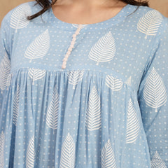 Kimayra Cotton Calf Length Printed 3/4 Sleeve Round Neck Flared Kurta Suit Set