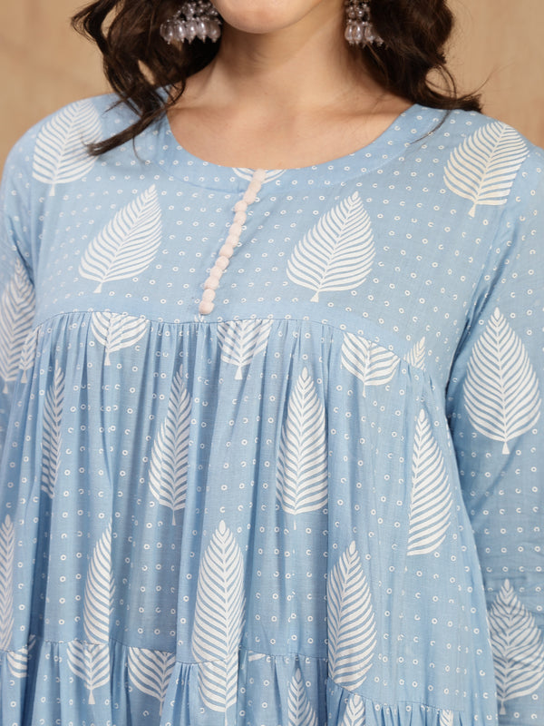 Kimayra Cotton Calf Length Printed 3/4 Sleeve Round Neck Flared Kurta Suit Set