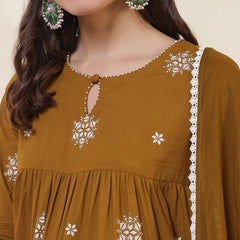 Kimayra Cotton Calf Length Printed 3/4 Sleeves Round Neck Anarkali Kurta Suit Set