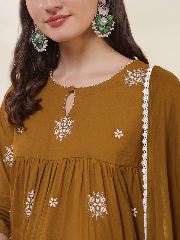 Kimayra Cotton Calf Length Printed 3/4 Sleeves Round Neck Anarkali Kurta Suit Set
