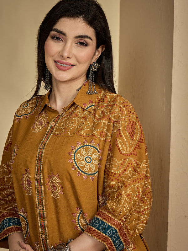 Kimayra Rayon Hip Length Printed 3/4 Sleeve Shirt Collar Flared Top