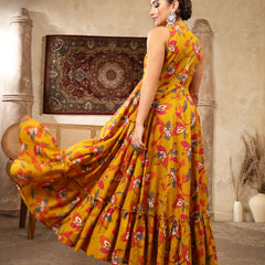 Kimayra Cotton Calf Length Printed Sleeveless Key Hole Neck Flared Kurta