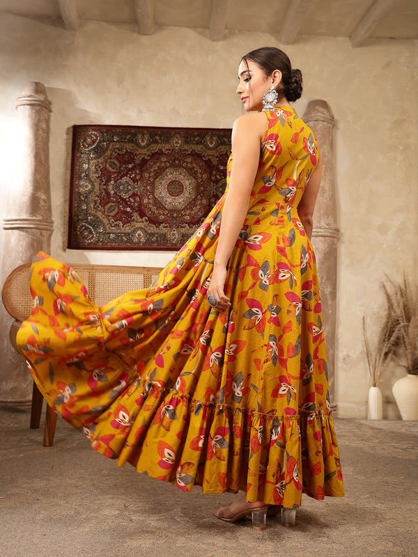 Kimayra Cotton Calf Length Printed Sleeveless Key Hole Neck Flared Kurta