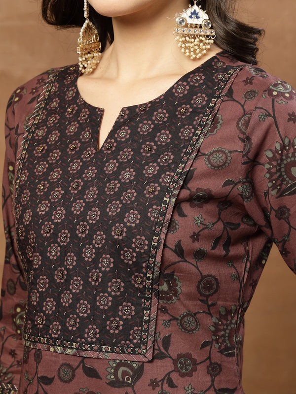 Kimayra Cotton Calf Length Printed 3/4 Sleeve Round Neck Straight Kurta Suit Set