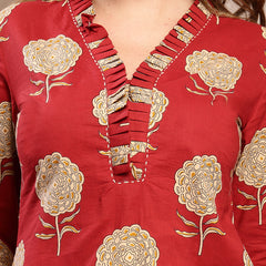 Kimayra Cotton Calf Length Printed 3/4 Sleeve V-Neck Straight Kurta