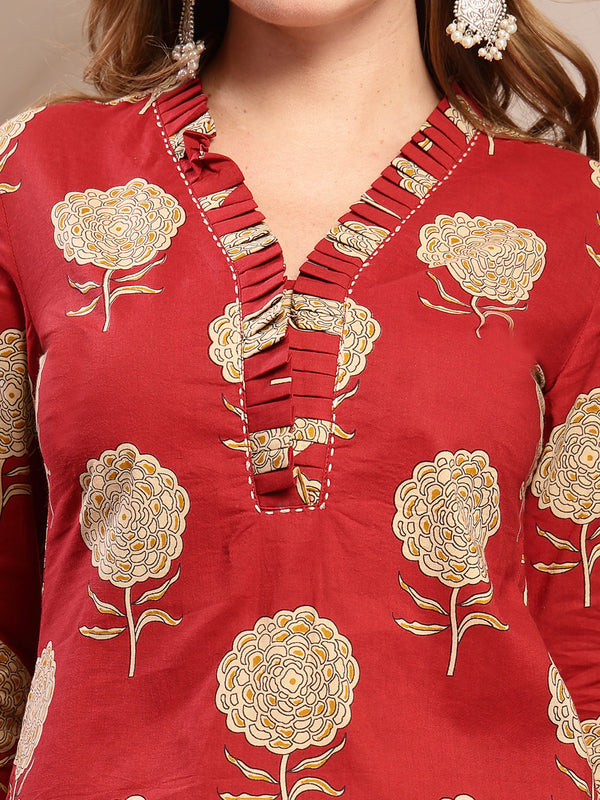 Kimayra Cotton Calf Length Printed 3/4 Sleeve V-Neck Straight Kurta