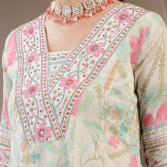 Kimayra Cotton Calf Length Printed 3/4 Sleeve V Neck Flared Kurta Suit Set