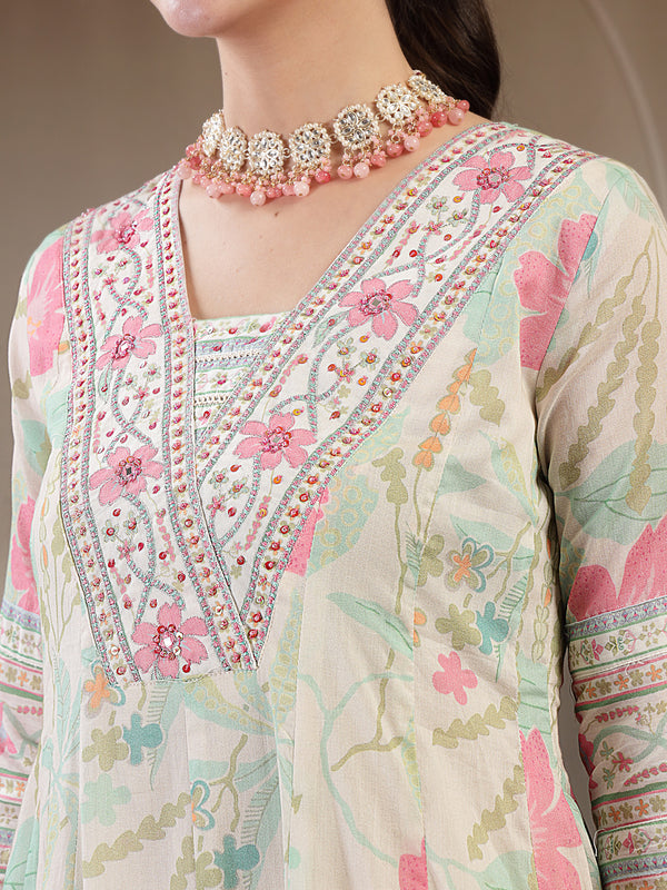 Kimayra Cotton Calf Length Printed 3/4 Sleeve V Neck Flared Kurta Suit Set