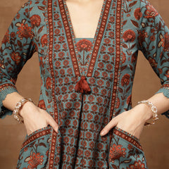 Kimayra Cotton Calf Length Printed 3/4 Sleeve V-Neck Flared Kurta Suit Set