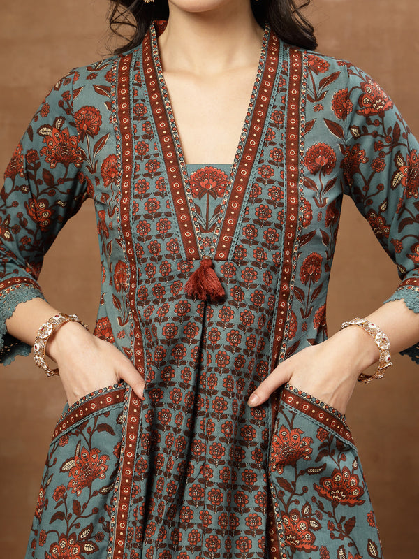 Kimayra Cotton Calf Length Printed 3/4 Sleeve V-Neck Flared Kurta Suit Set