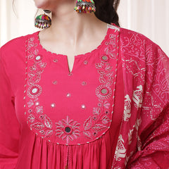 Kimayra Rayon Calf Length Solid 3/4 Sleeves Round Neck Flared Kurta Suit Set