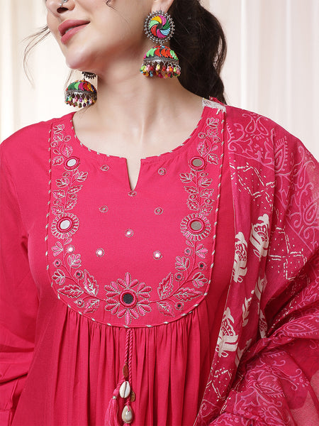 Kimayra Rayon Calf Length Solid 3/4 Sleeves Round Neck Flared Kurta Suit Set
